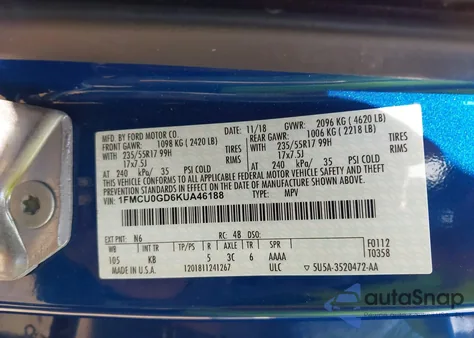 2019 Ford Escape Se z USA, uszkodzony, nr VIN 1FMCU0GD6KUA46188